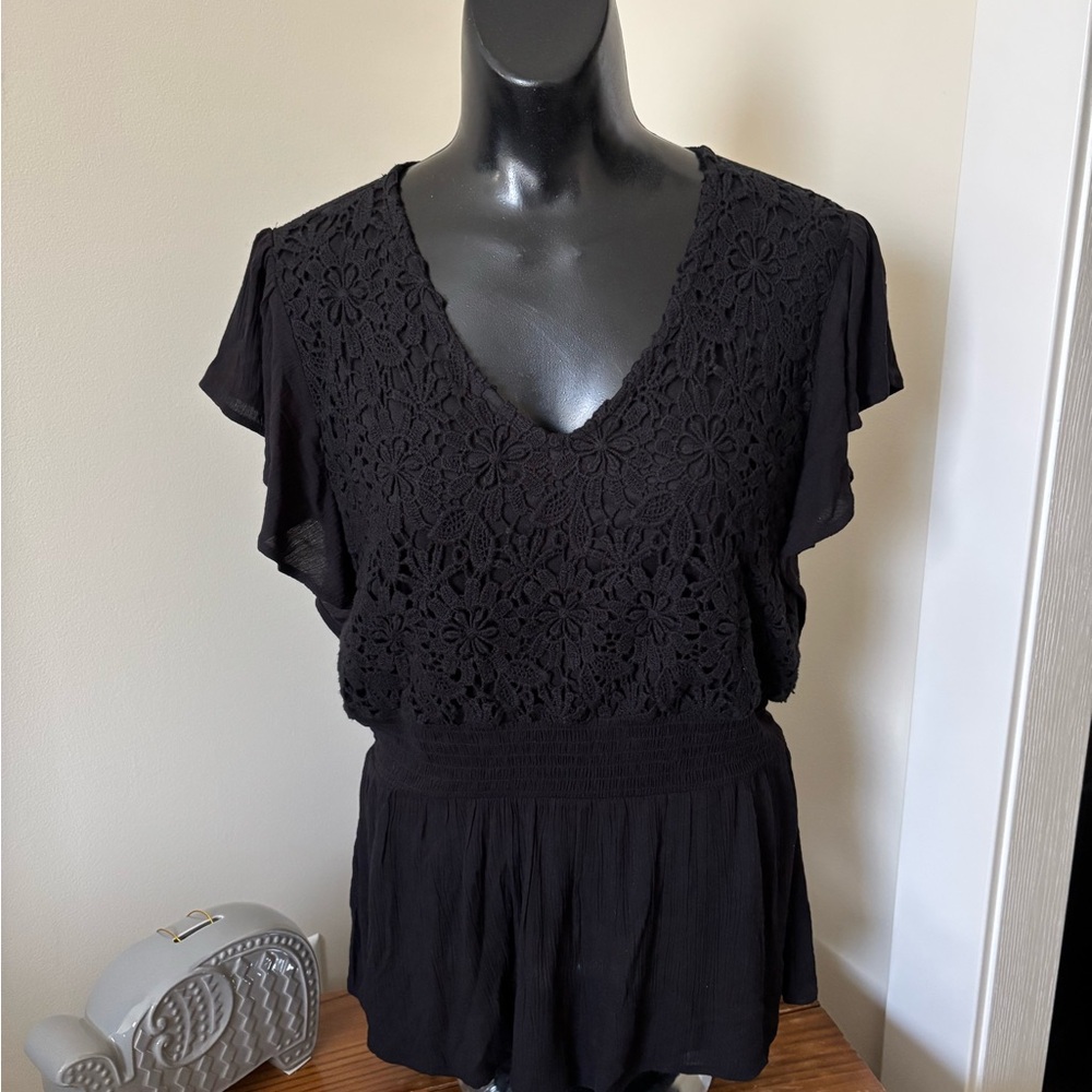 Maurices Black Crochet V-Neck Flutter Sleeve Tunic